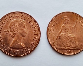 イギリス 1967 年 1 ペニー硬貨、エリザベス 2 世女王、良好な中古