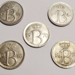 Vintage Belgium Coins, Set Of 5 Belgium Coins