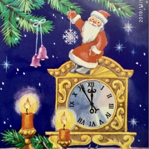 cartão de felicitações URSS, Natal, Velas de Natal, Natal, Papai Noel, Decorações de Natal, Cartão postal não utilizado, Ded Moroz, 1988, Vintage, década de 1980