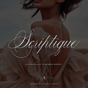 May include: A beige ruffled garment with a low back, featuring the white text Scriptique, Copperplate Inspired Script, A, and Created by Arcadia Script overlaid on the image in a decorative, elegant, and flowing cursive typeface style.