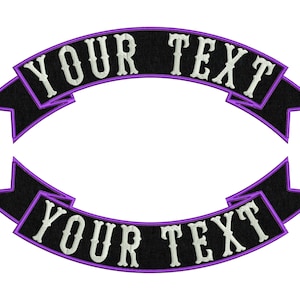 May include: Two black and white embroidered patches with a purple outline. The patches are shaped like banners and say "YOUR TEXT" in a vintage font.