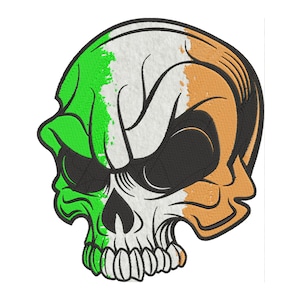 Op de afbeelding: Een schedel met een groen, wit en oranje kleurenschema, dat lijkt op de Ierse vlag.