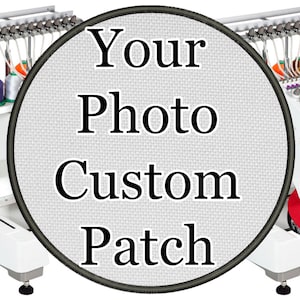 May include: Two white embroidery machines with spools of thread and a white circular patch with the text "Your Photo Custom Patch" in black.