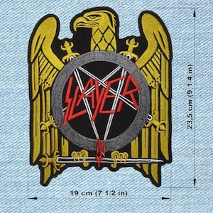 May include: Embroidered patch with a golden eagle design, black and red details. The patch features the word "SLAYER" in red, a pentagram, and a sword. The patch measures 19 cm wide and 23.5 cm tall.