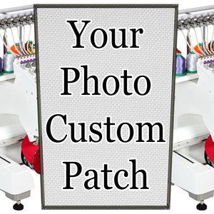 May include: Two white embroidery machines with red caps and spools of colourful thread. A white rectangle with the text "Your Photo Custom Patch" is in the centre.