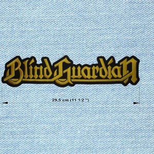May include: Embroidered patch featuring the band name "Blind Guardian" in gold lettering with a black border. The patch measures 11 1/2 inches in length. The patch is on a light blue denim background.