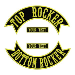 Op de afbeelding: Zwarte en gele geborduurde patches met de tekst "TOP ROCKER" en "BOTTOM ROCKER". Er zijn twee lege rechthoekige patches met de tekst "YOUR TEXT" erop.