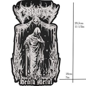 May include: Black and white embroidered patch featuring a hooded figure holding a sword, with the text "Death Metal". The patch measures 11 1/2 inches tall and 7 inches wide.
