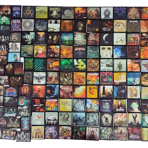 May include: A collection of 100 black framed patches featuring various album covers from different metal bands. The patches are arranged in a grid pattern and include band names such as "Witgel", "Terbur", "Converge", "The Dillinger Escape Plan", "777", "The Act", and "Earth Crisis".