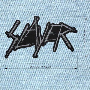 May include: Black Slayer patch with grey outline, measuring 29.5 cm wide and 17 cm tall. The patch features the band's logo in a stylized, jagged font, set against a light blue denim background.