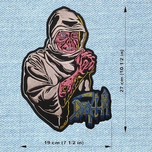 May include: Embroidered patch depicting a figure in a hooded cloak with a skeletal face, with pink and yellow details. The patch measures 19 cm wide and 27 cm tall. The word "DEATH" is in a stylized font.