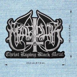 May include: Black and white embroidered patch with the text "Christ Raping Black Metal". The patch is 9 1/4 inches wide and 7 3/4 inches tall. Features a cross and the number 6.