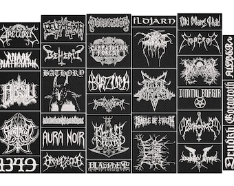 May include: A collection of black patches featuring white embroidered logos of various heavy metal bands. The patches are rectangular, with a variety of fonts and designs, including band names like "Bathory" and "Dimmu Borgir".