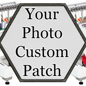 May include: A white hexagonal patch with a black border and the text "Your Photo Custom Patch" in black.