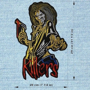 May include: Embroidered patch depicting a skeletal figure with long hair, holding a bloody weapon. The figure is in black, yellow, and white, with the word "Killers" in red script. The patch measures 20 cm wide and 29 cm tall.