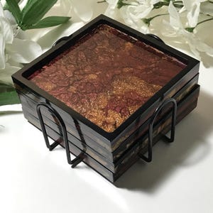 COASTER SET Square with HOLDER. Geode inspired Red, Gold & Bronze Mica / black rims Housewarming - Teacher - Thank you - Christmas gift