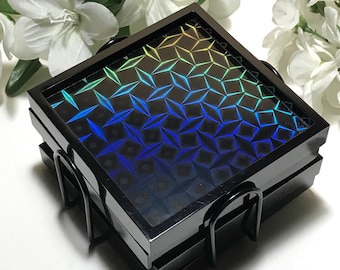 Holographic Coaster Set - Geometric Design with Holder