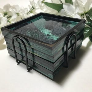 COASTER SET Square with Wire HOLDER. Geode inspired Green & Black Mica with Black rims Housewarming - Teacher - Thank you - Christmas gift