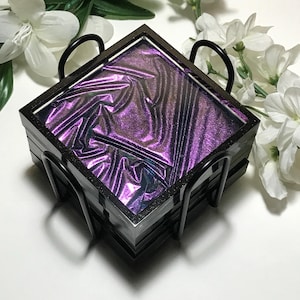 Colorshift COASTER SET Square with rim. Purple/Green Velvet effect, black rim - Housewarming gift Teacher gift Thank you gift Christmas gift