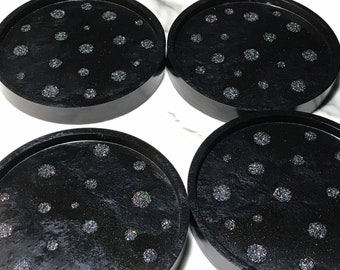 Black Resin Coaster Set with Silver Glitter – Handmade Drink Coasters