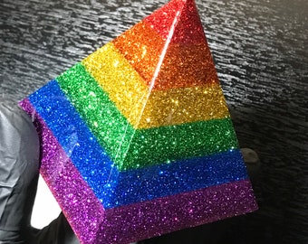 8.5cm RAINBOW PYRAMID - Glitter Pride Colors - Rainbow Art (3.5”) base/height - Gay Pride Decor - Gay Flag - Happy Pride Month