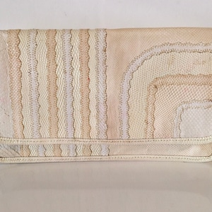 Hand Crafted CARLOS FALCHI Patchwork Clutch ~ Cream/Ivory Snakeskin Lizard Leather Lined Evening Bag ~ Vintage Collectible Purse Made in USA