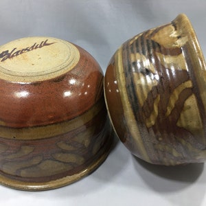 NESTING STONEWARE BOWLS by Blaisdell Pottery, Colorado (Sold Individually/Set of 2)~ Heavy Round Wheel Thrown Brown/Beige Glaze Wavy Pattern