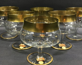 Gold Trimmed ROMANIAN CRYSTAL GLASSWARE by Avitra Set of 6 ~ Champagne/Shrimp Cocktail/Sherbet Coupe Glasses ~ Vintage Stemware/Barware