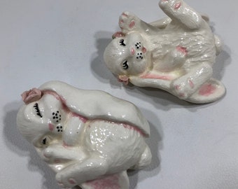 Vintage SCIOTO CERAMIC BUNNY Figurines Set of 2 ~Hand Painted White Porcelain Sleepy Playful Lop Eared Rabbits ~Easter Springtime Home Décor