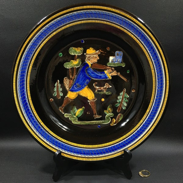 LANZ GWATT HANDARBEIT Display Plate Made in Switzerland 12" ~ Hand Painted Pottery Dish w/ Hunter & Dog ~Vintage Hand Crafted Folk Art Décor