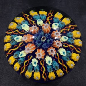 Rare Vintage PERTHSHIRE MILLEFIORI PAPERWEIGHT Crieff, Scotland ~ 9 Radial Twist Spokes, Colorful Flower Canes ~ Scottish Art Glass Decor