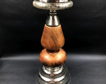 Candelabro de columna de Pottery Barn en vidrio de mercurio plateado y madera torneada de 33 cm ~ Candelabro vintage de mediados de siglo o pedestal/soporte para plantas