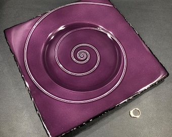 Vintage JAMES AARONS Purple/Black Ceramic Platter 11.5" Square ~Glossy Modernist Studio Art Pottery Display Tray/Plate w/ Single Swirl Motif