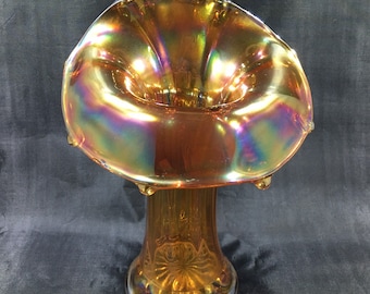 IRIDESCENT MARIGOLD Morning Glory Jack-in-the-Pulpit Vase by Imperial Glass 9.5" ~ Vintage MCM Lustrous Orange Depression Carnival Glassware