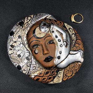 Vintage CERAMIC TRINKET BOX w/ Venetian Face & Pierrot Decor ~ Gold/Silver/Brown/Black Hand Painted Jewelry/Stash Container Made in Italy