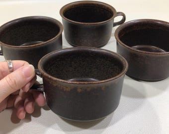 Arabia of Finland 'RUSKA' FLAT CUPS Design Ulla Procopé Set of 4 ~ Mid-Century Modern Scandinavian Dark Brown Stoneware Coffee/Tea Mugs