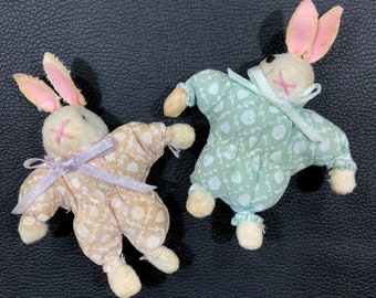 Vintage STUFFED BUNNY DOLLS for Ornaments/Easter Decor/Soft Toys/Pocket Pets Set of 2 ~ Hand Sewn Small Rabbits in Floral Pastel Outfits