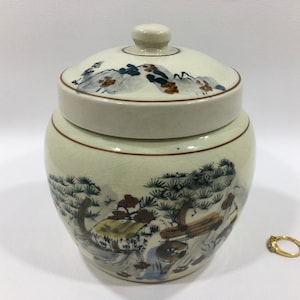 Signed Hand Painted ASIAN GINGER JAR Korean/Chinese 5.5&quot; ~ Celadon Glazed Porcelain Ceramic Canister w/ Mountainous Village Cottage Scenery