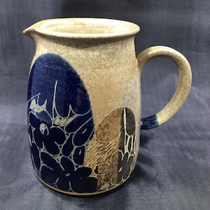 DERBYSHIRE STONEWARE PITCHER by Diana Worthy of Crich Pottery, England ~ Hand Thrown, Incised & Glazed Brown/Blue ~Vintage Country Farmhouse