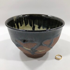 Signed STUDIO POTTERY BOWL in Speckled Beige Interior & Runny Drip Glaze in Brownish Black 4x6 ~ Artisan Hand Crafted Red Ware Pot/Vessel