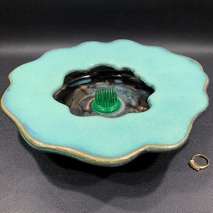 Signed IKEBANA RAKU VASE by Gary Gall ~ Black/Turquoise Floral Shaped Studio Art Pottery Bowl w/ Flower Frog ~Traditional Japanese Clay Ware