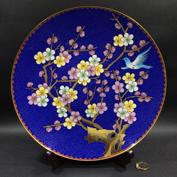 Vintage CHINESE CLOISONNÉ PLATTER in Cobalt, Blue, Pink, Yellow & Brown 10" ~ Brass Charger Plate w/ Cherry Blossoms/Bird Enamel Design