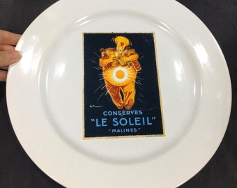 POTTERY BARN Vintage Posters "Conserves Le Soleil" Dinner Plate 11.5" ~ White Large Round Ceramic Display Dish w/ Smiling Sunny Chef Design