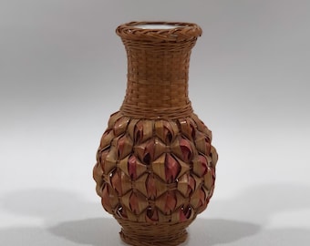 Bamboo/Rattan WOVEN IKEBANA VASE w/ Porcelain Insert 4.25" ~ Small Japanese Samurai Style Flower Vessel ~Vintage Minimalistic Bohemian Decor