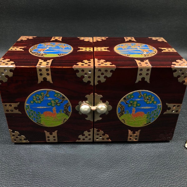 Korean Lacquered FOLDING JEWELRY BOX w/ Brass & Enameled Deer/Crane Medallions ~ Hinged Rosewood Hidden 4-Drawer Secret Stash Trinket Box