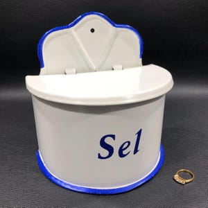Vintage French Enamelware BOITE AU SEL / Salt Tin Box ~ Hand Painted White Metal Wall/Counter Storage Container ~ Farmhouse Country Kitchen