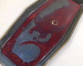 The Wheel STONEWARE BISTRO PLATTER in Red Reef Drip Glaze 15" ~ Hand Crafted Rectangular Studio Art Pottery Serving Party Buffet Plate/Tray