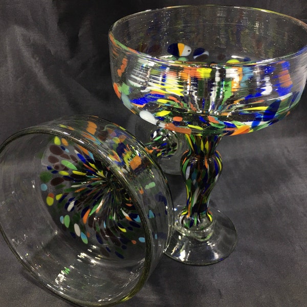 Hand Blown Confetti STEMMED MARGARITA GLASSES Made in Mexico Set of 2 ~ Sturdy Colorful Rainbow Drinking Glasses ~ Hand Crafted Stem/Barware