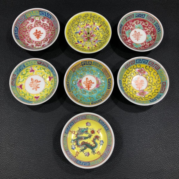 CHINESE ZHONGGUO JINGDEZHEN Famille Rose Dipping Bowls 2.5" (7) ~Turquoise/Pink/Yellow Hand Painted Enamel Porcelain w/ Shou Longevity Motif