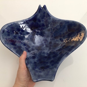 Unique STINGRAY SHAPED BOWL w/ 3D Spotted Cobalt Blue Glaze ~ Vintage Signed Art Studio Pottery ~ Nautical Ocean Life Sculptural Wide Bowl